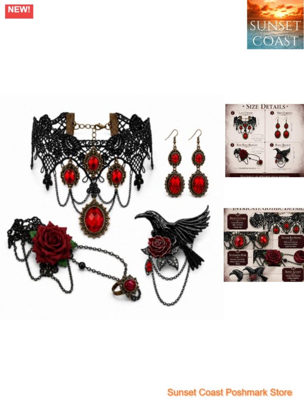 Gothic Victorian 4-Piece Jewelry Set Lace Choker Earrings Bracelet Brooch